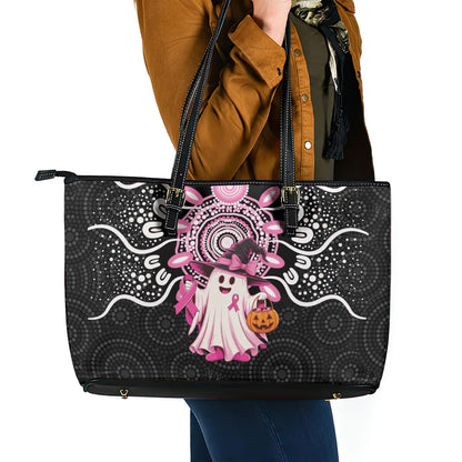 Spooky Pink Ghost Leather Tote Bag Aboriginal Halloween Wear Pink
