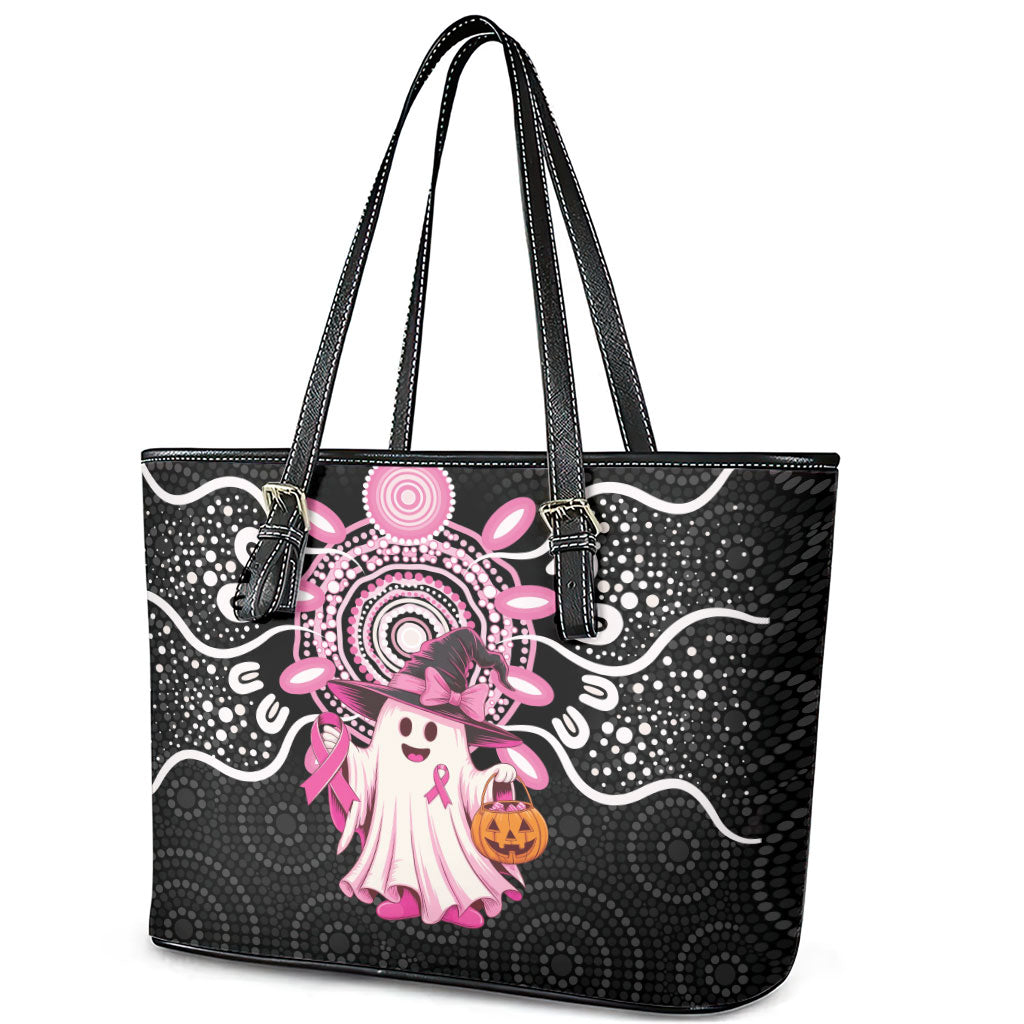 Spooky Pink Ghost Leather Tote Bag Aboriginal Halloween Wear Pink