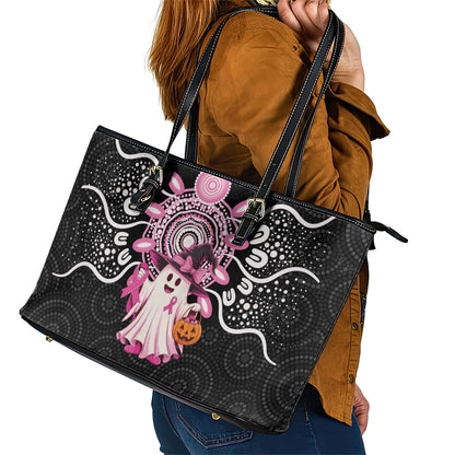Spooky Pink Ghost Leather Tote Bag Aboriginal Halloween Wear Pink