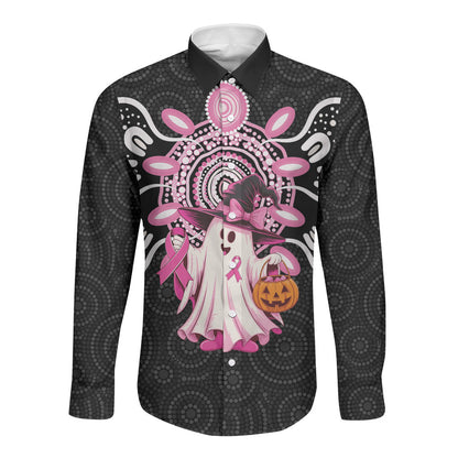 Spooky Pink Ghost Long Sleeve Button Shirt Aboriginal Halloween Wear Pink