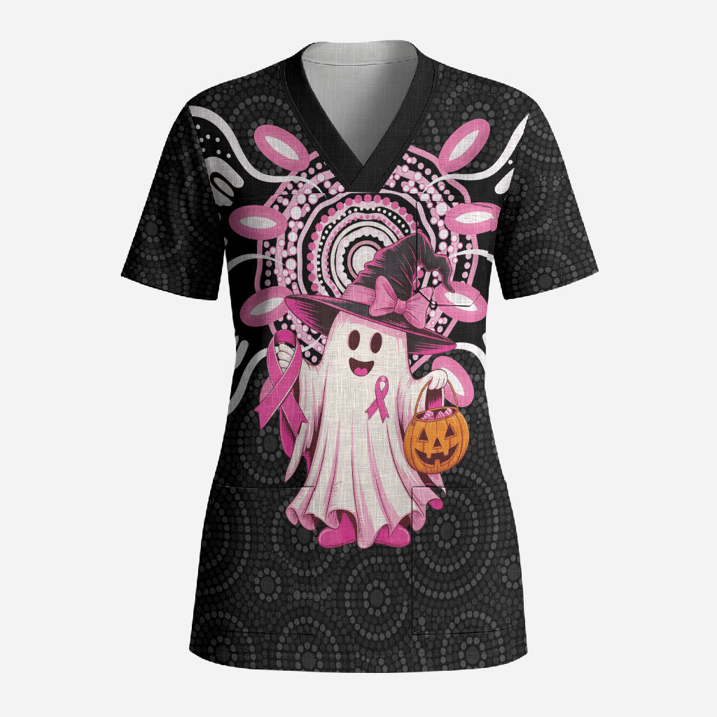 Spooky Pink Ghost Scrub Top Aboriginal Halloween Wear Pink