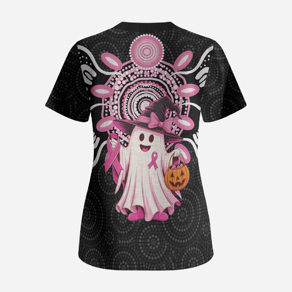 Spooky Pink Ghost Scrub Top Aboriginal Halloween Wear Pink