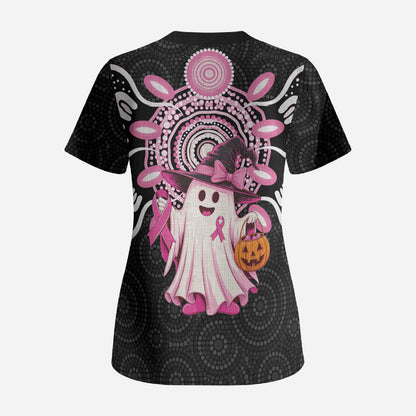 Spooky Pink Ghost Scrub Top Aboriginal Halloween Wear Pink