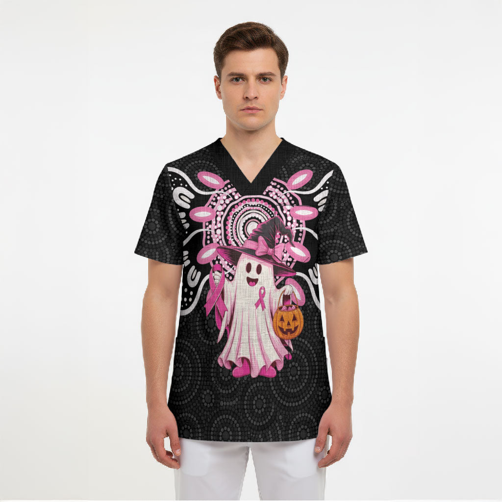 Spooky Pink Ghost Scrub Top Aboriginal Halloween Wear Pink