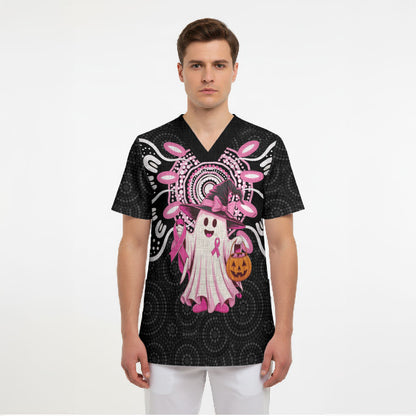 Spooky Pink Ghost Scrub Top Aboriginal Halloween Wear Pink