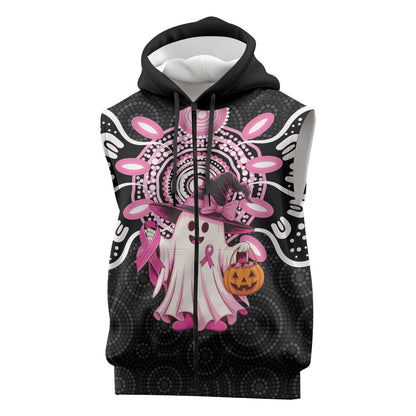 Spooky Pink Ghost Sleeveless Zip Hoodie Aboriginal Halloween Wear Pink