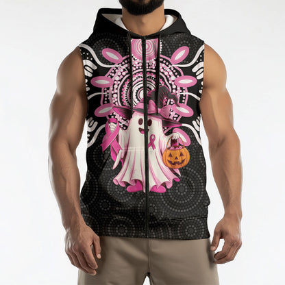 Spooky Pink Ghost Sleeveless Zip Hoodie Aboriginal Halloween Wear Pink