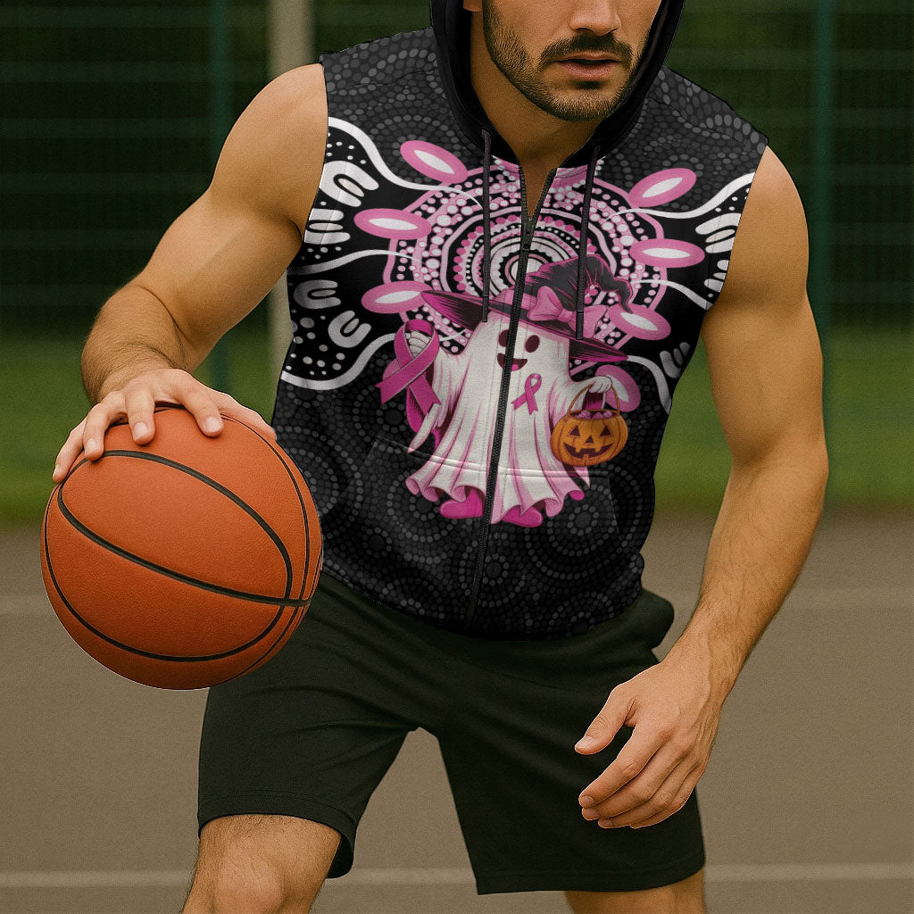 Spooky Pink Ghost Sleeveless Zip Hoodie Aboriginal Halloween Wear Pink