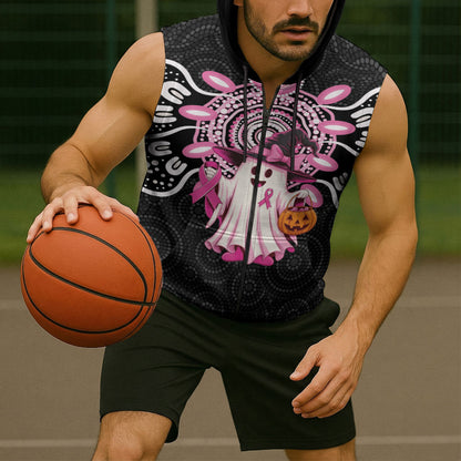 Spooky Pink Ghost Sleeveless Zip Hoodie Aboriginal Halloween Wear Pink