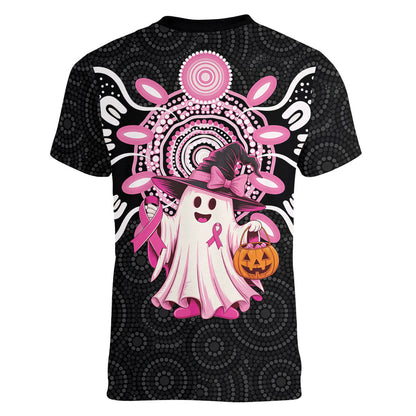 Spooky Pink Ghost Women V-Neck T-Shirt Aboriginal Halloween Wear Pink
