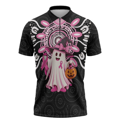 Spooky Pink Ghost Zipper Polo Shirt Aboriginal Halloween Wear Pink