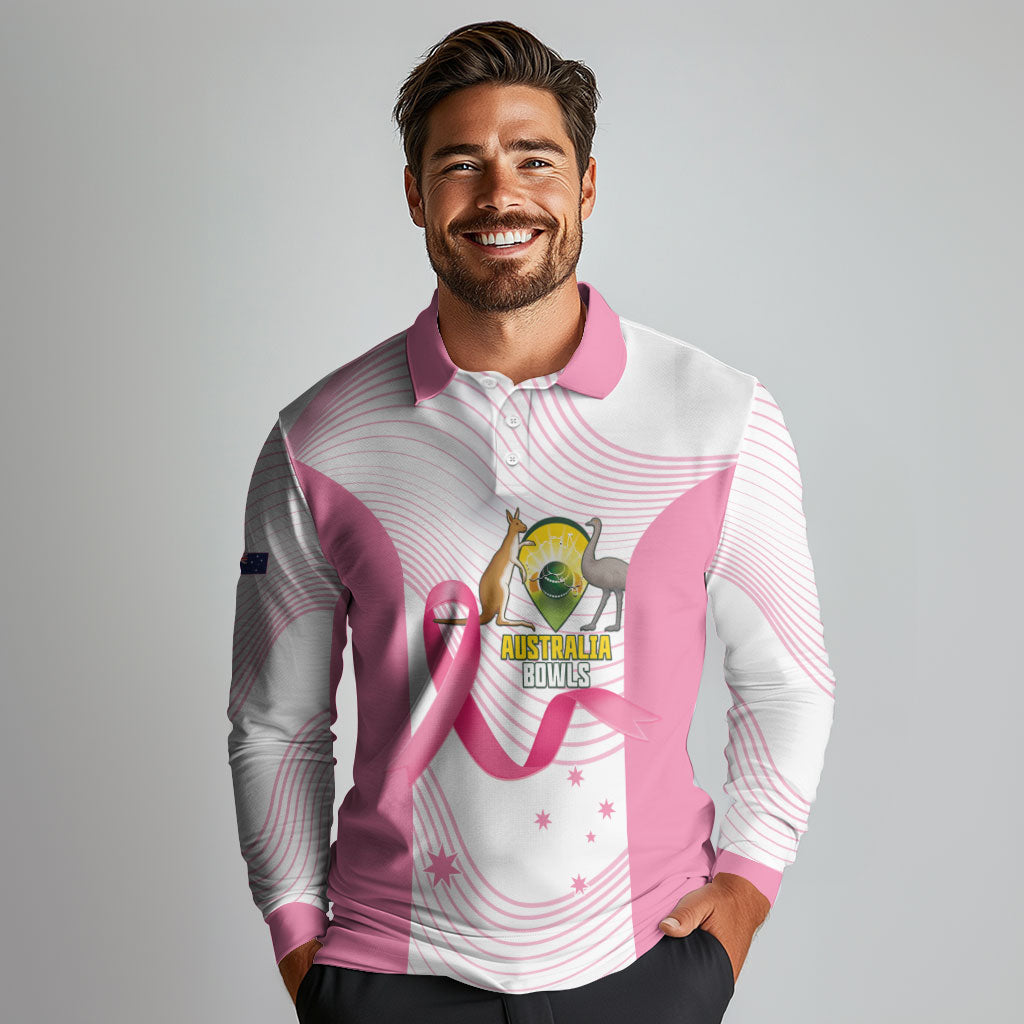 Custom Bowls Australia Breast Cancer Long Sleeve Polo Shirt Pink Ribbon Curve Sporty