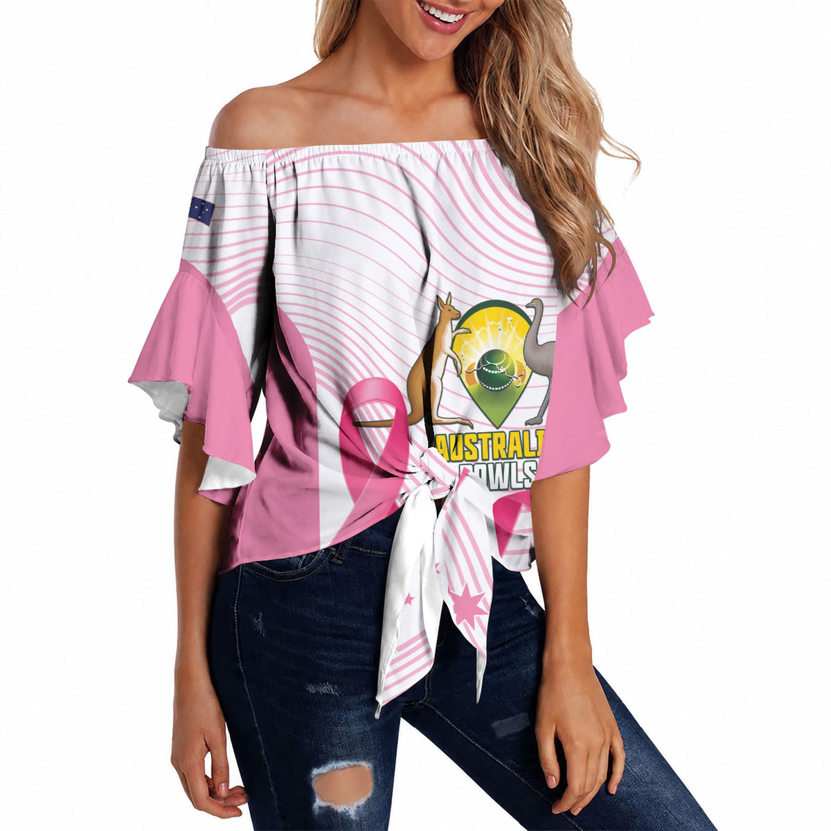 Custom Bowls Australia Breast Cancer Off Shoulder Wrap Waist Top Pink Ribbon Curve Sporty
