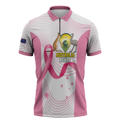 Custom Bowls Australia Breast Cancer Zipper Polo Shirt Pink Ribbon Curve Sporty