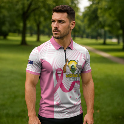 Custom Bowls Australia Breast Cancer Zipper Polo Shirt Pink Ribbon Curve Sporty