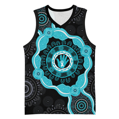Australia Ovarian Cancer Support Basketball Jersey Brave Strong Teal Ribbon Aboriginal Art