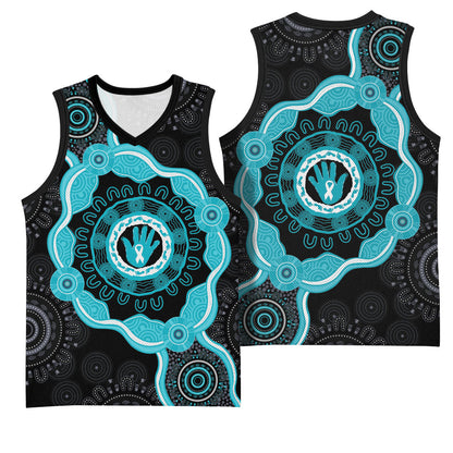 Australia Ovarian Cancer Support Basketball Jersey Brave Strong Teal Ribbon Aboriginal Art