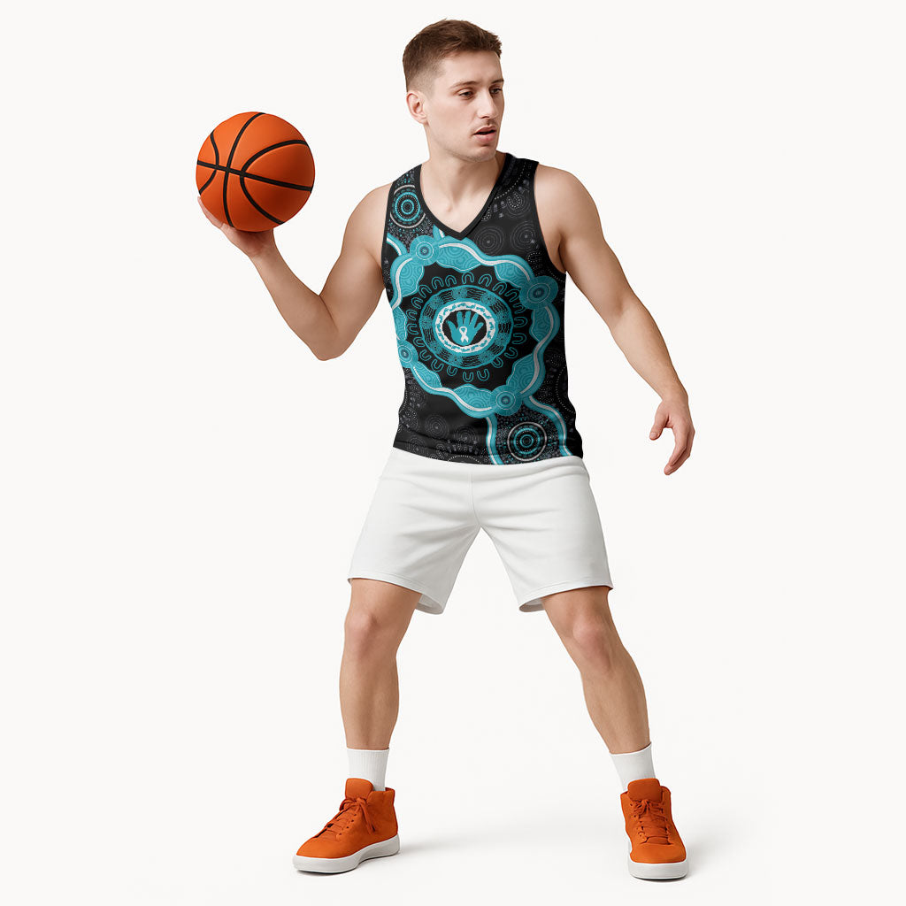 Australia Ovarian Cancer Support Basketball Jersey Brave Strong Teal Ribbon Aboriginal Art