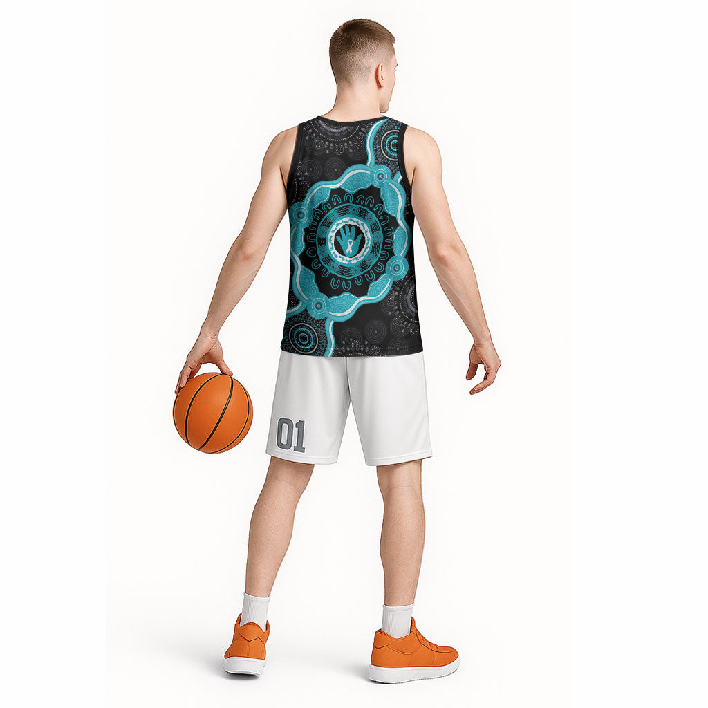 Australia Ovarian Cancer Support Basketball Jersey Brave Strong Teal Ribbon Aboriginal Art