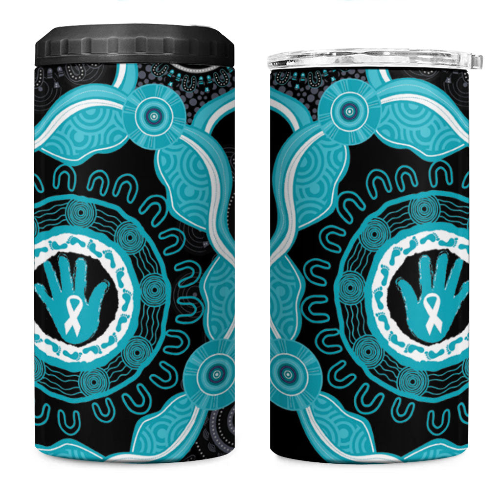 Australia Ovarian Cancer Support 4 in 1 Can Cooler Tumbler Brave Strong Teal Ribbon Aboriginal Art