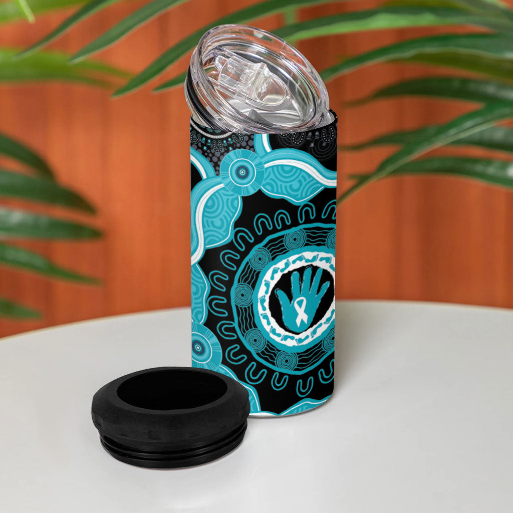 Australia Ovarian Cancer Support 4 in 1 Can Cooler Tumbler Brave Strong Teal Ribbon Aboriginal Art