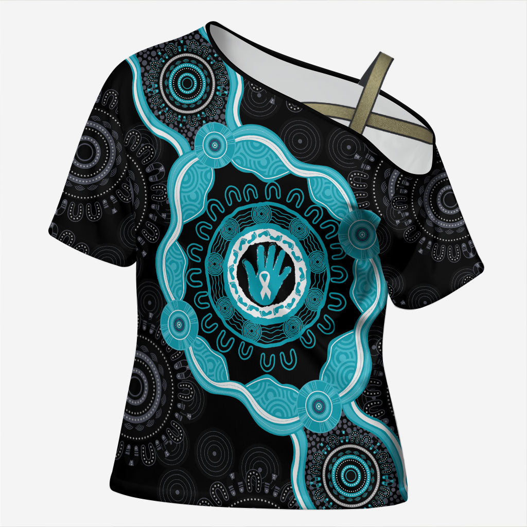Australia Ovarian Cancer Support Cross Shoulder Shirt Brave Strong Teal Ribbon Aboriginal Art