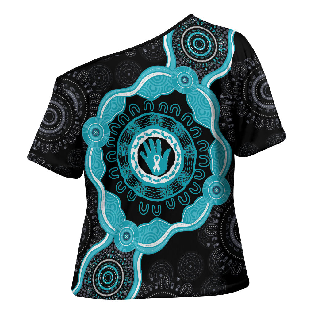 Australia Ovarian Cancer Support Cross Shoulder Shirt Brave Strong Teal Ribbon Aboriginal Art