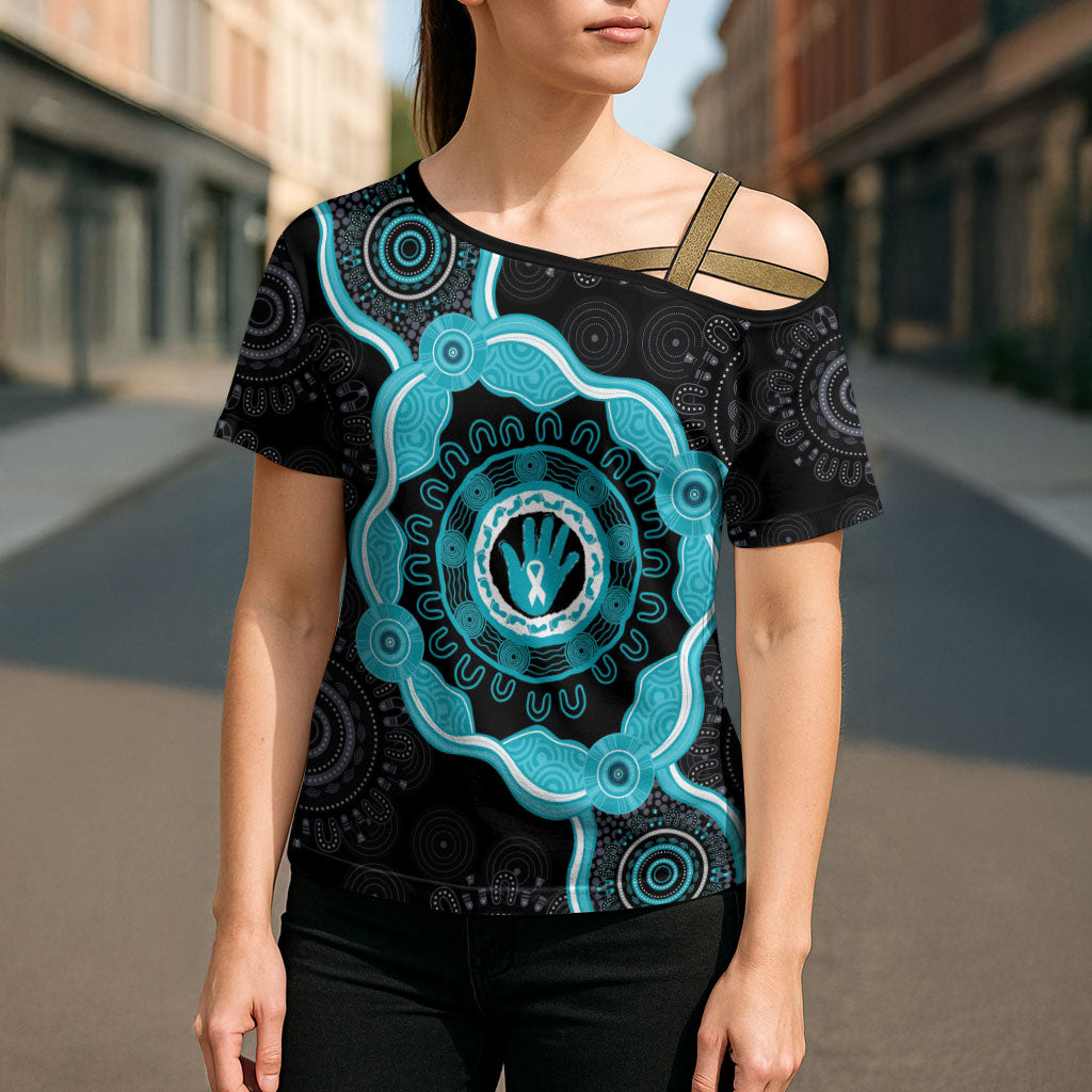 Australia Ovarian Cancer Support Cross Shoulder Shirt Brave Strong Teal Ribbon Aboriginal Art