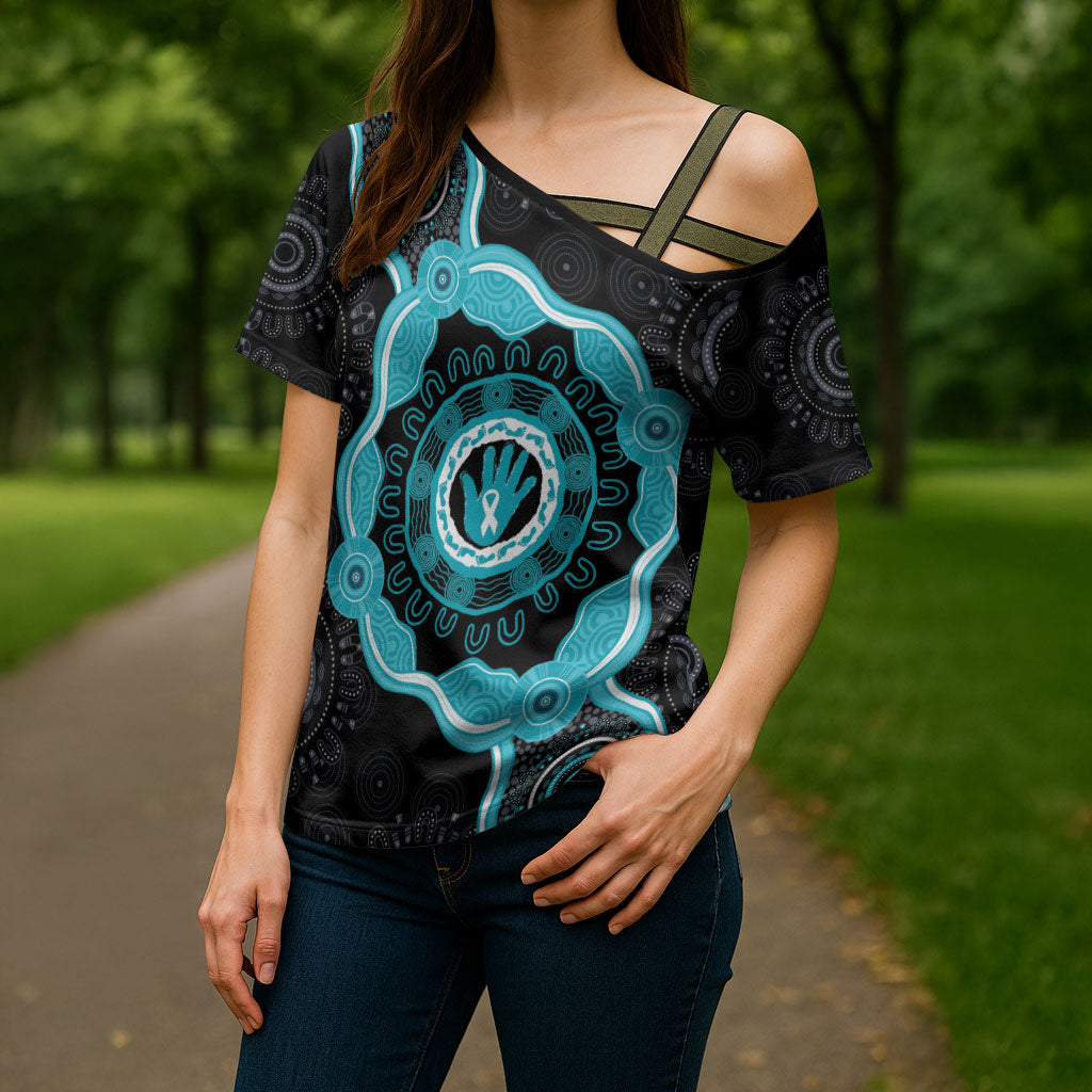 Australia Ovarian Cancer Support Cross Shoulder Shirt Brave Strong Teal Ribbon Aboriginal Art