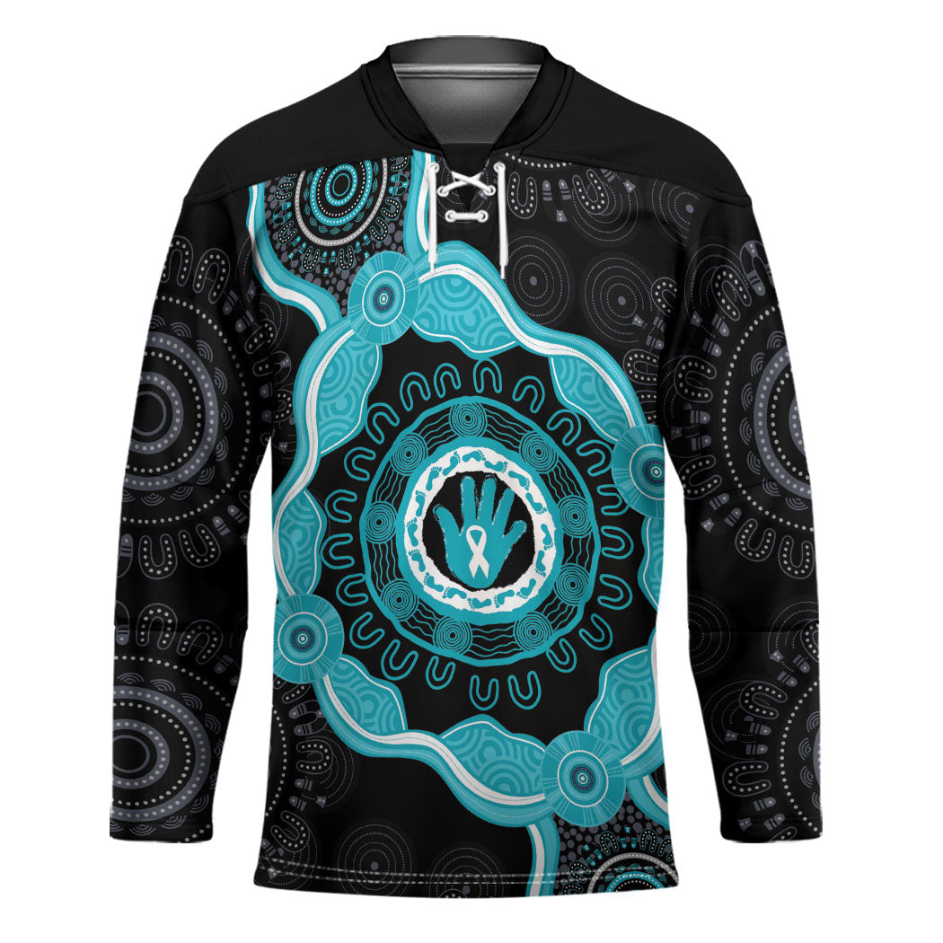 Australia Ovarian Cancer Support Hockey Jersey Brave Strong Teal Ribbon Aboriginal Art