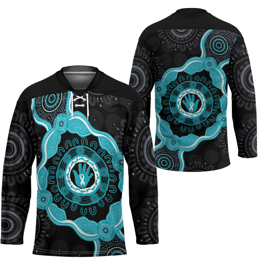 Australia Ovarian Cancer Support Hockey Jersey Brave Strong Teal Ribbon Aboriginal Art