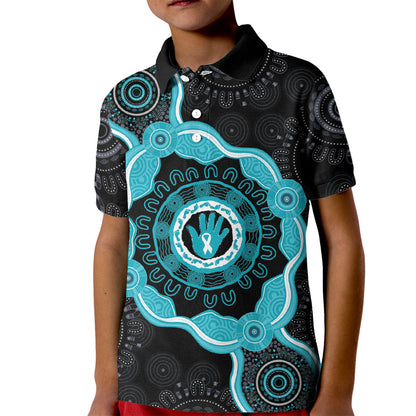 Australia Ovarian Cancer Support Kid Polo Shirt Brave Strong Teal Ribbon Aboriginal Art