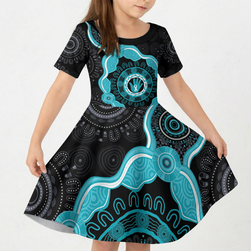 Australia Ovarian Cancer Support Kid Short Sleeve Dress Brave Strong Teal Ribbon Aboriginal Art