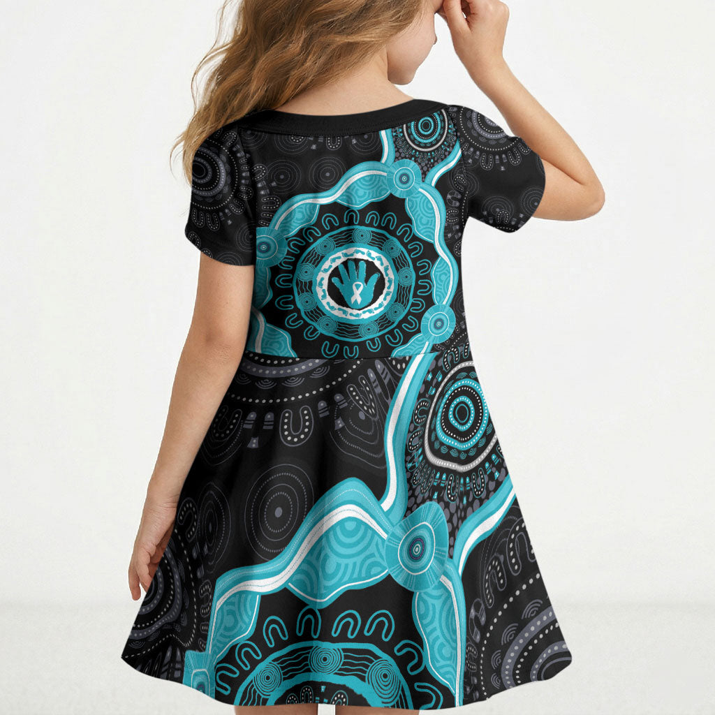 Australia Ovarian Cancer Support Kid Short Sleeve Dress Brave Strong Teal Ribbon Aboriginal Art
