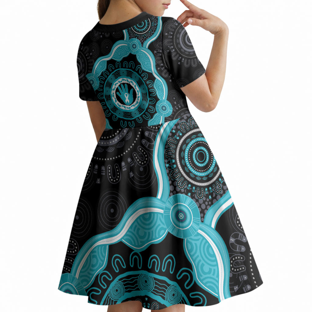 Australia Ovarian Cancer Support Kid Short Sleeve Dress Brave Strong Teal Ribbon Aboriginal Art