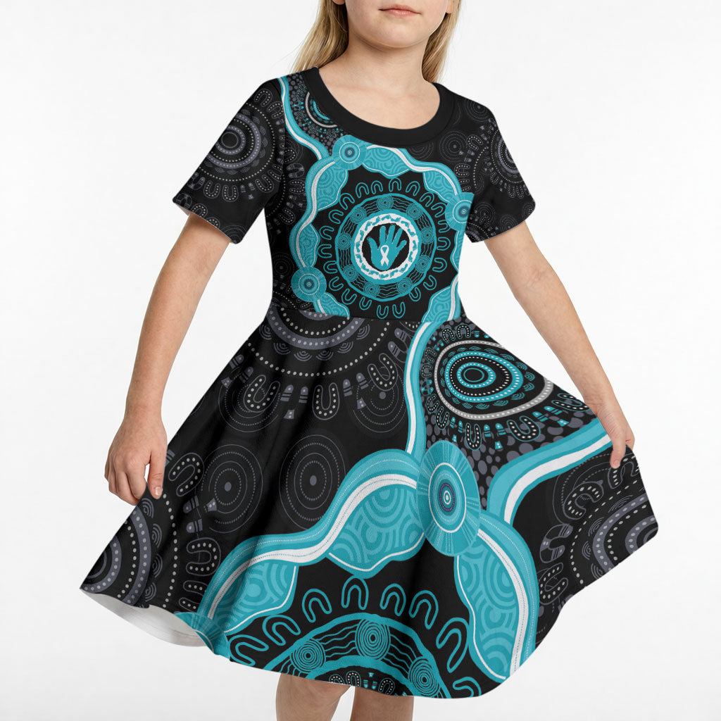 Australia Ovarian Cancer Support Kid Short Sleeve Dress Brave Strong Teal Ribbon Aboriginal Art