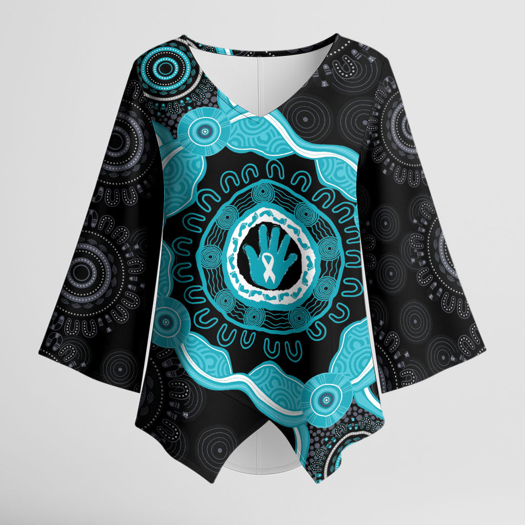 Australia Ovarian Cancer Support Kimono Sleeve Blouse Brave Strong Teal Ribbon Aboriginal Art