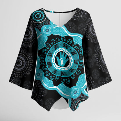Australia Ovarian Cancer Support Kimono Sleeve Blouse Brave Strong Teal Ribbon Aboriginal Art