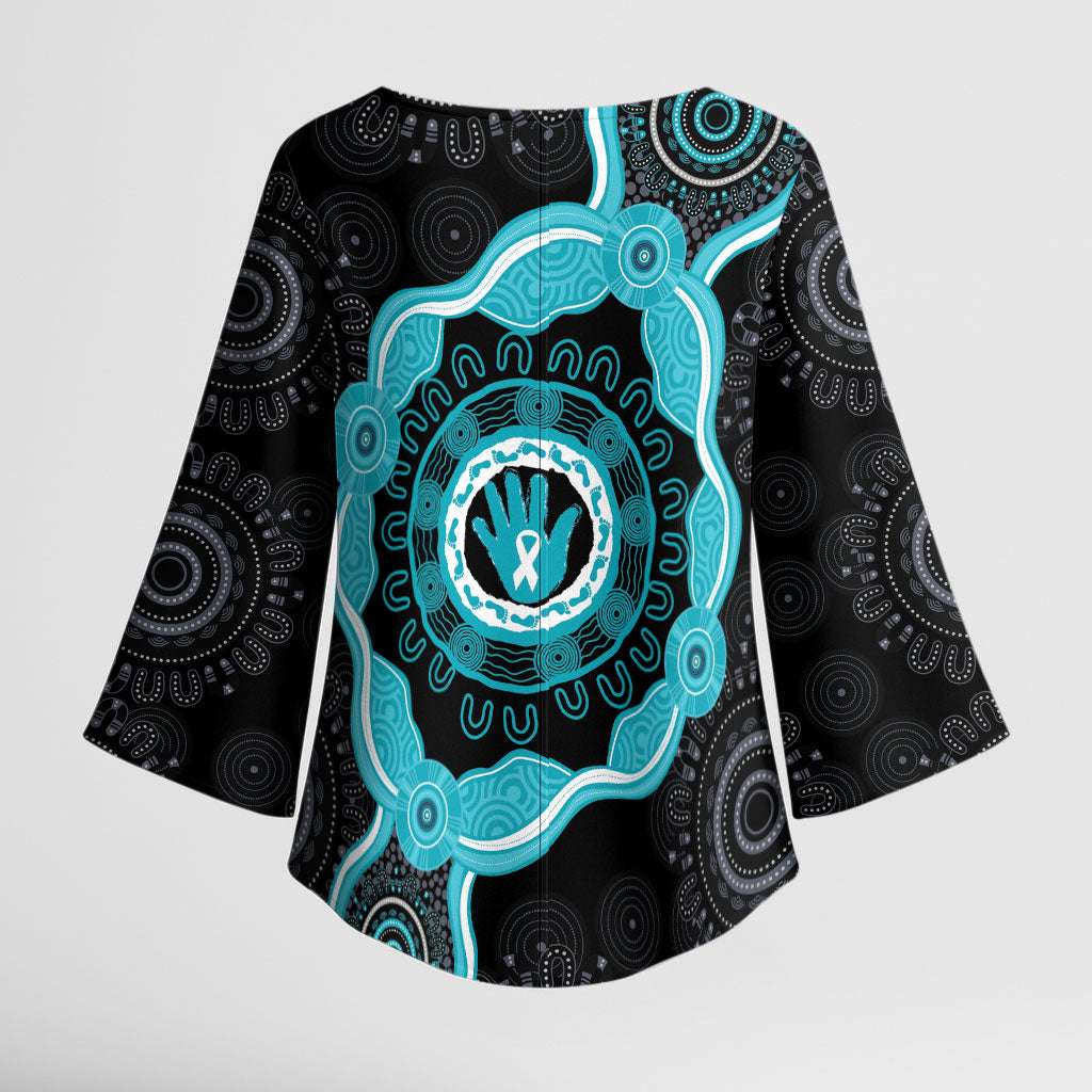 Australia Ovarian Cancer Support Kimono Sleeve Blouse Brave Strong Teal Ribbon Aboriginal Art