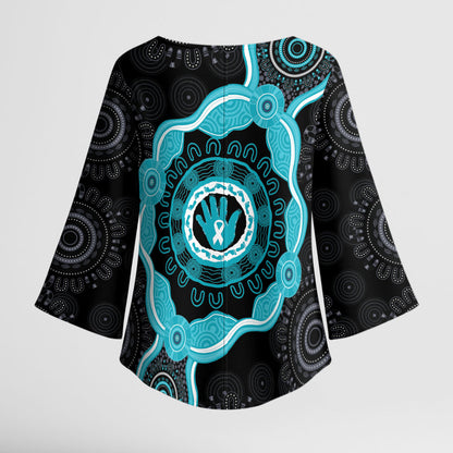 Australia Ovarian Cancer Support Kimono Sleeve Blouse Brave Strong Teal Ribbon Aboriginal Art