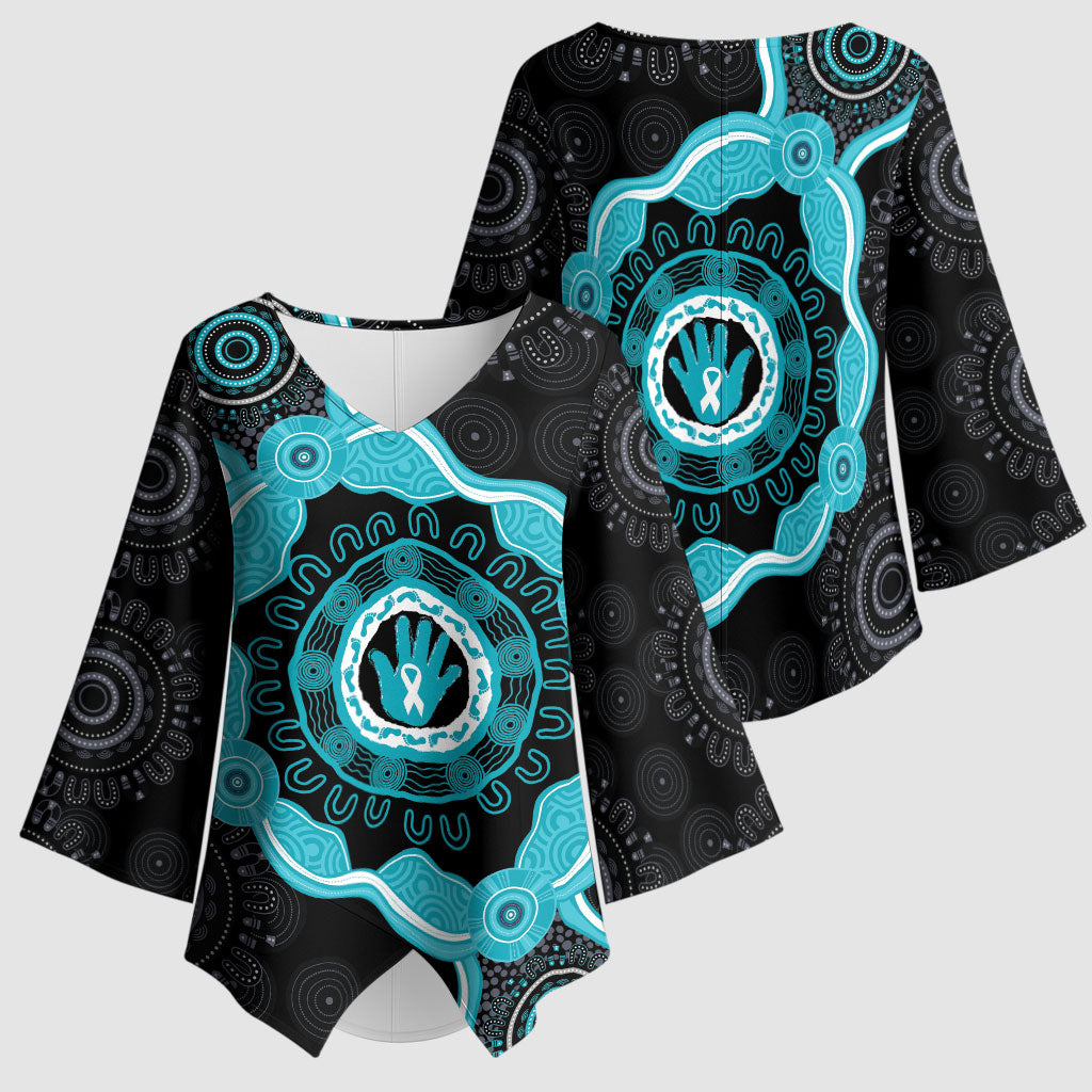 Australia Ovarian Cancer Support Kimono Sleeve Blouse Brave Strong Teal Ribbon Aboriginal Art