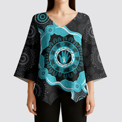 Australia Ovarian Cancer Support Kimono Sleeve Blouse Brave Strong Teal Ribbon Aboriginal Art