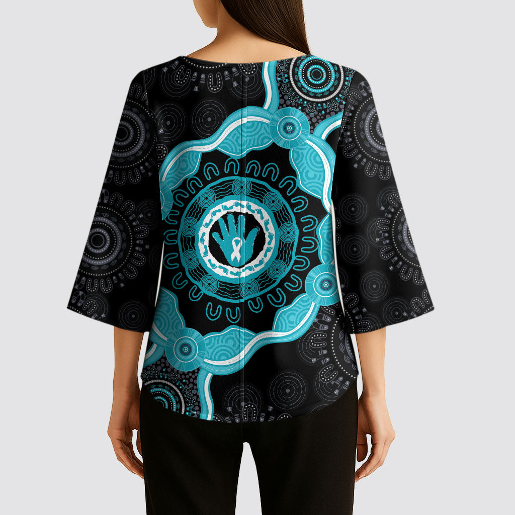 Australia Ovarian Cancer Support Kimono Sleeve Blouse Brave Strong Teal Ribbon Aboriginal Art