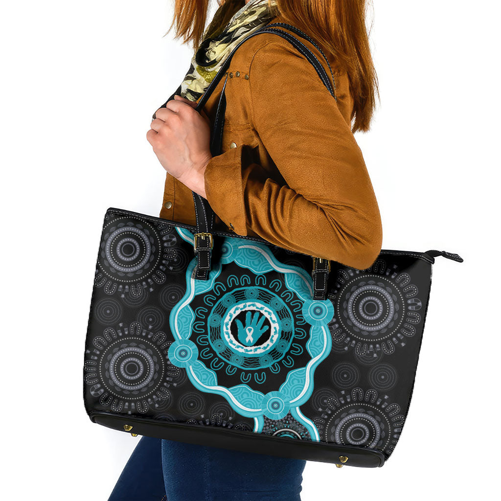 Australia Ovarian Cancer Support Leather Tote Bag Brave Strong Teal Ribbon Aboriginal Art