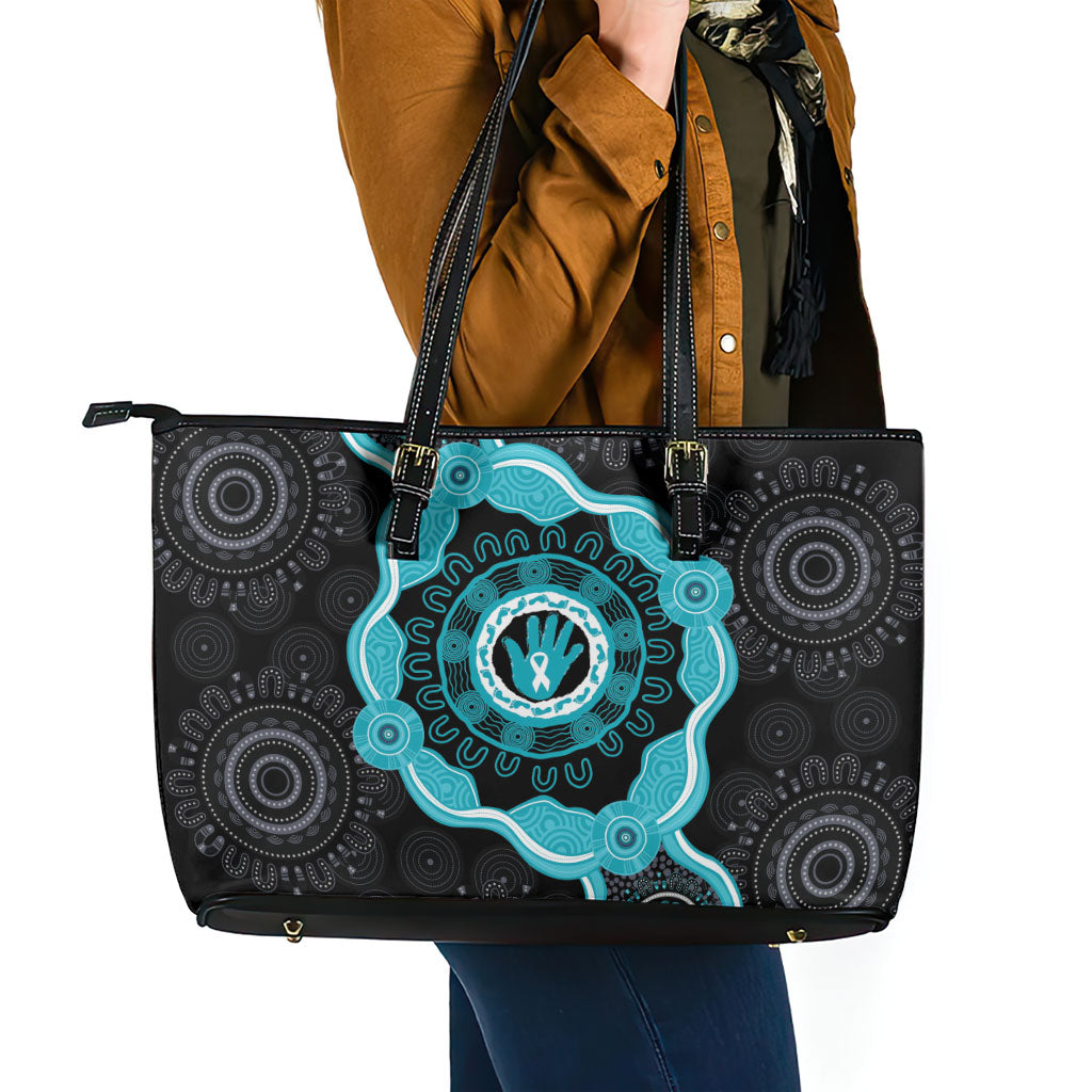 Australia Ovarian Cancer Support Leather Tote Bag Brave Strong Teal Ribbon Aboriginal Art