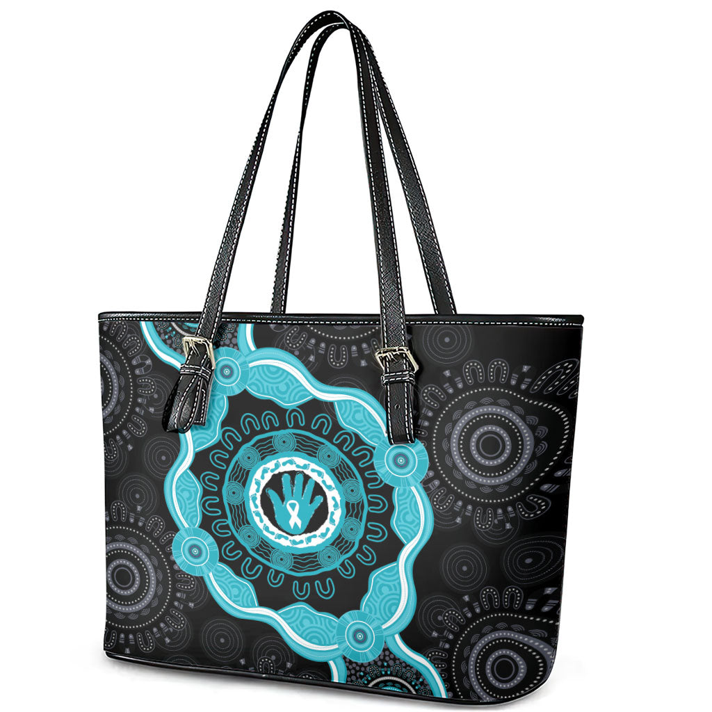 Australia Ovarian Cancer Support Leather Tote Bag Brave Strong Teal Ribbon Aboriginal Art