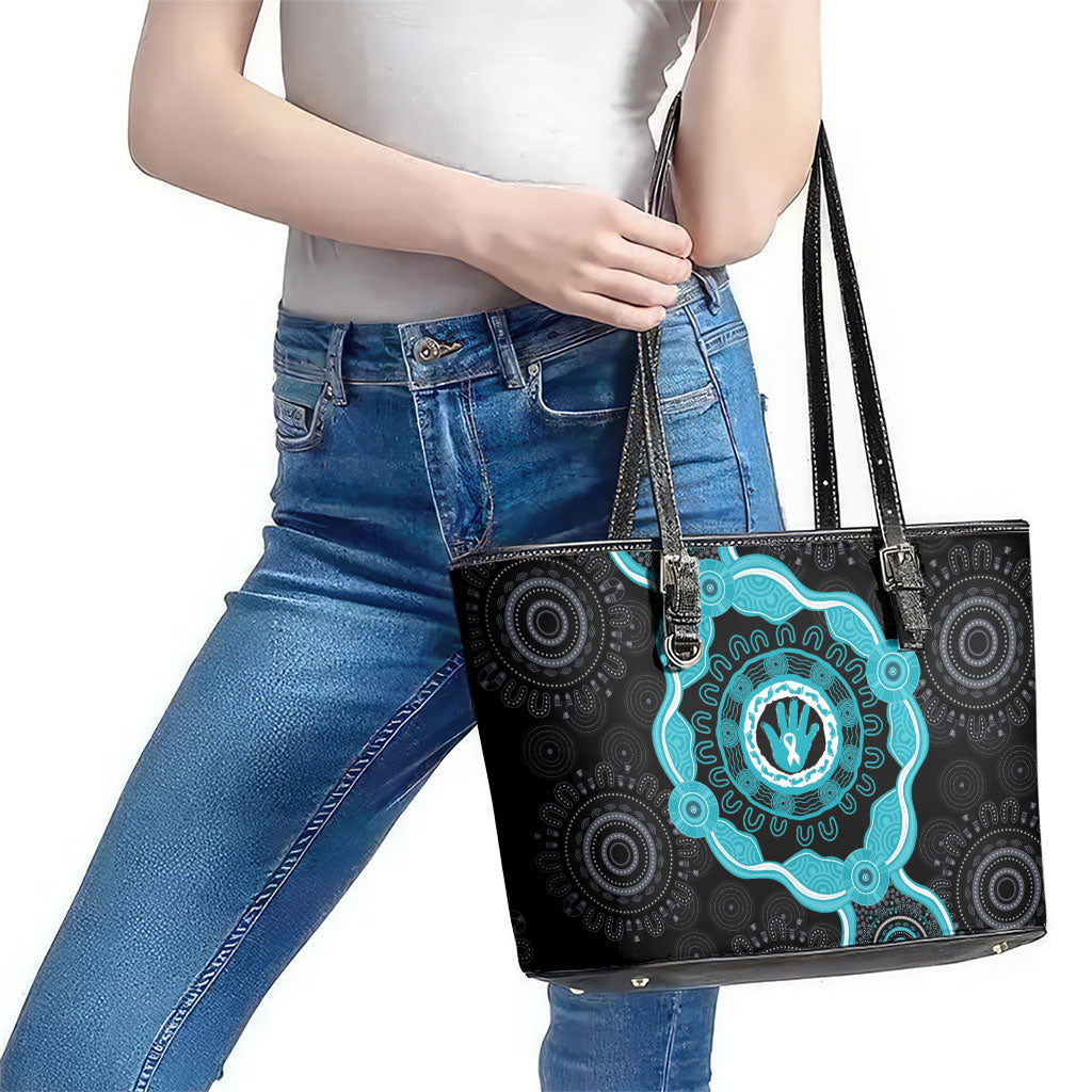 Australia Ovarian Cancer Support Leather Tote Bag Brave Strong Teal Ribbon Aboriginal Art