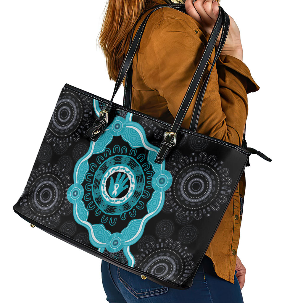 Australia Ovarian Cancer Support Leather Tote Bag Brave Strong Teal Ribbon Aboriginal Art