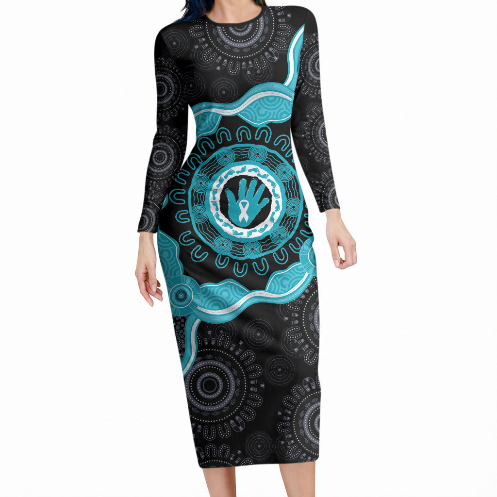 Australia Ovarian Cancer Support Long Sleeve Bodycon Dress Brave Strong Teal Ribbon Aboriginal Art