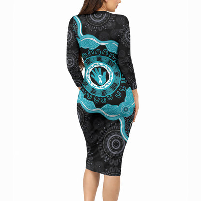 Australia Ovarian Cancer Support Long Sleeve Bodycon Dress Brave Strong Teal Ribbon Aboriginal Art